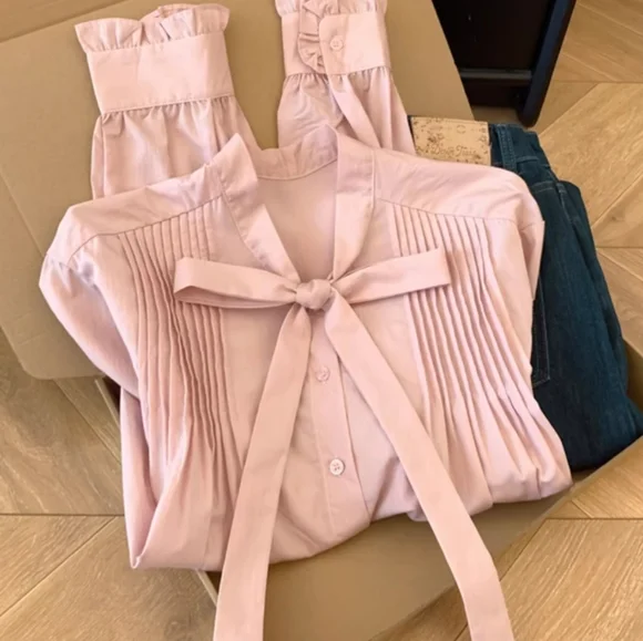 Pink Pleated Bow Tie Blouse - Picture 2 of 5